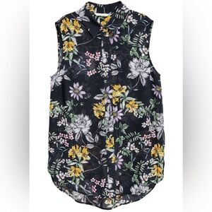 Navy Blue Floral Sheer Button-Up Tank